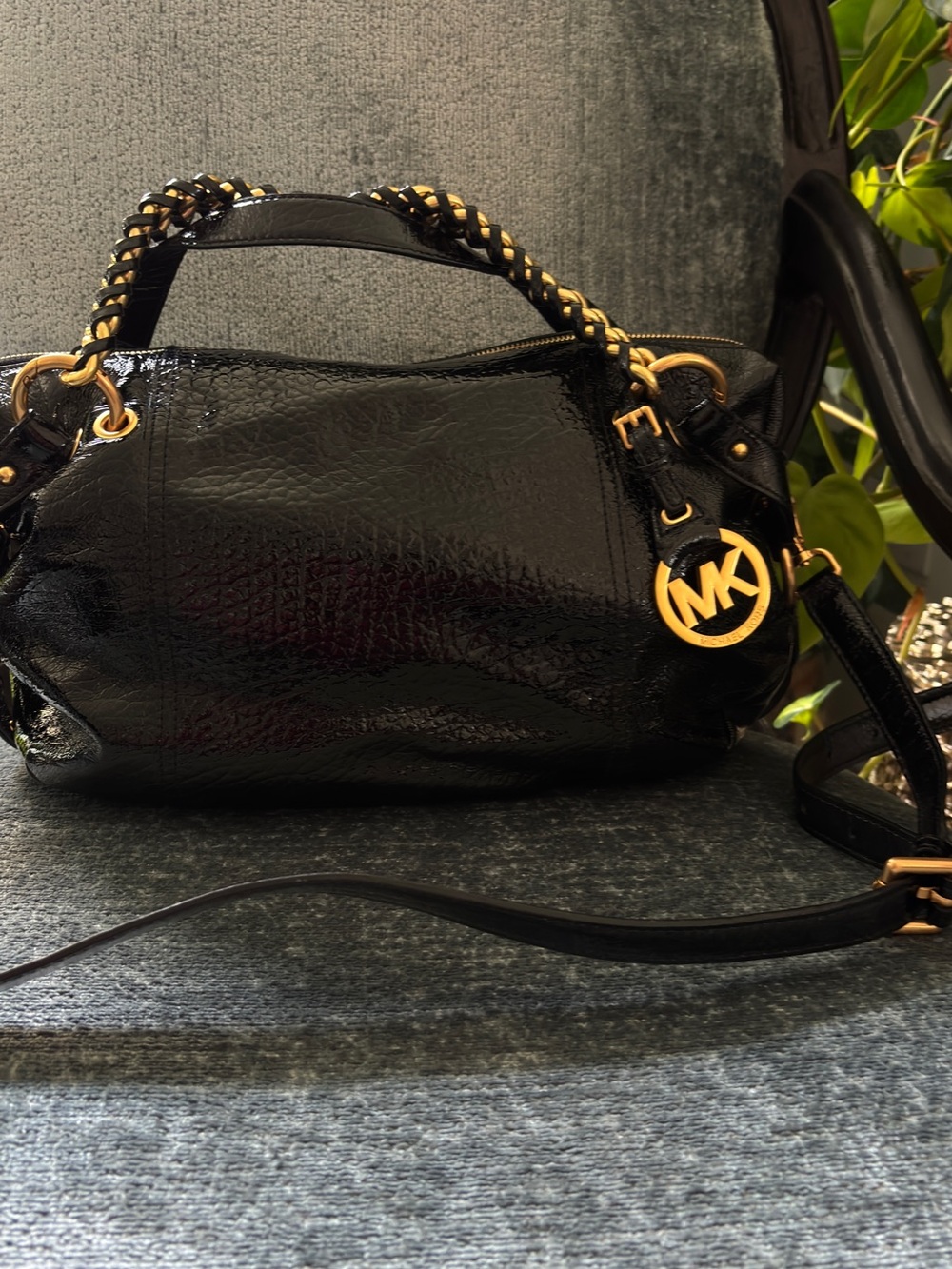 Michael Kors Black Patent Leather Shoulder Bag with Gold Hardware
